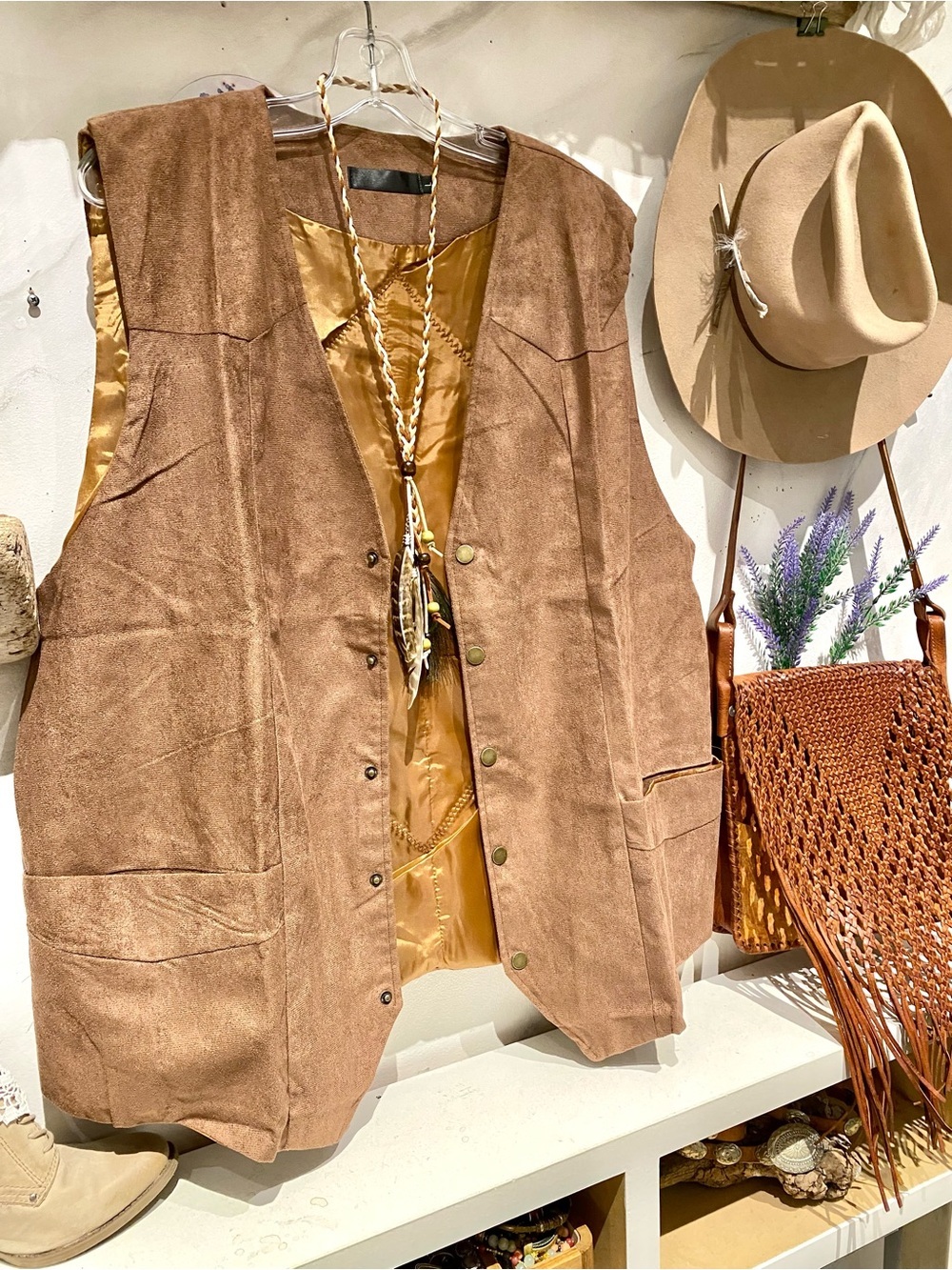 Upcycled Quilted back detailing on vegan suede boho vest rustic cottagecore vibe - Picture 16 of 16